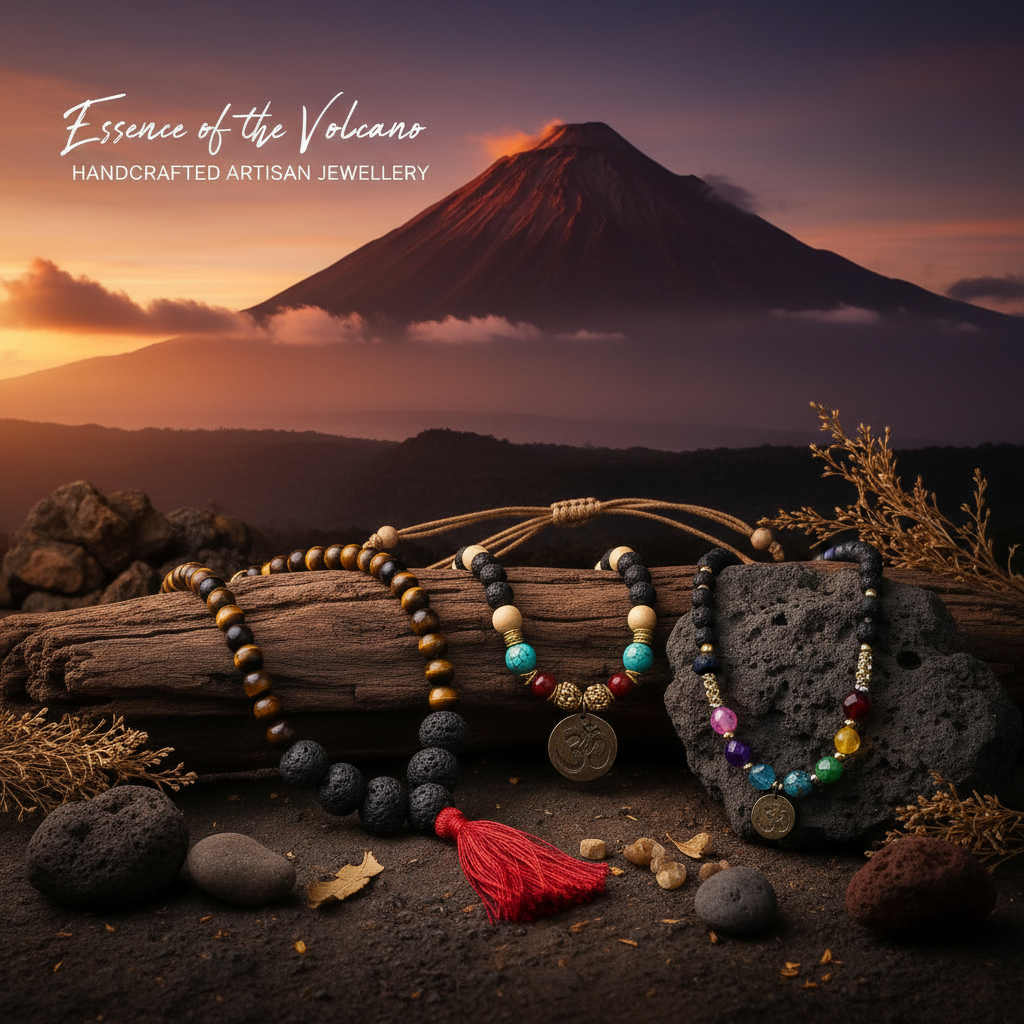 Essence of the Volcano handcrafted lava stone necklaces with Tiger's Eye beads and colorful cords against volcanic mountain backdrop
