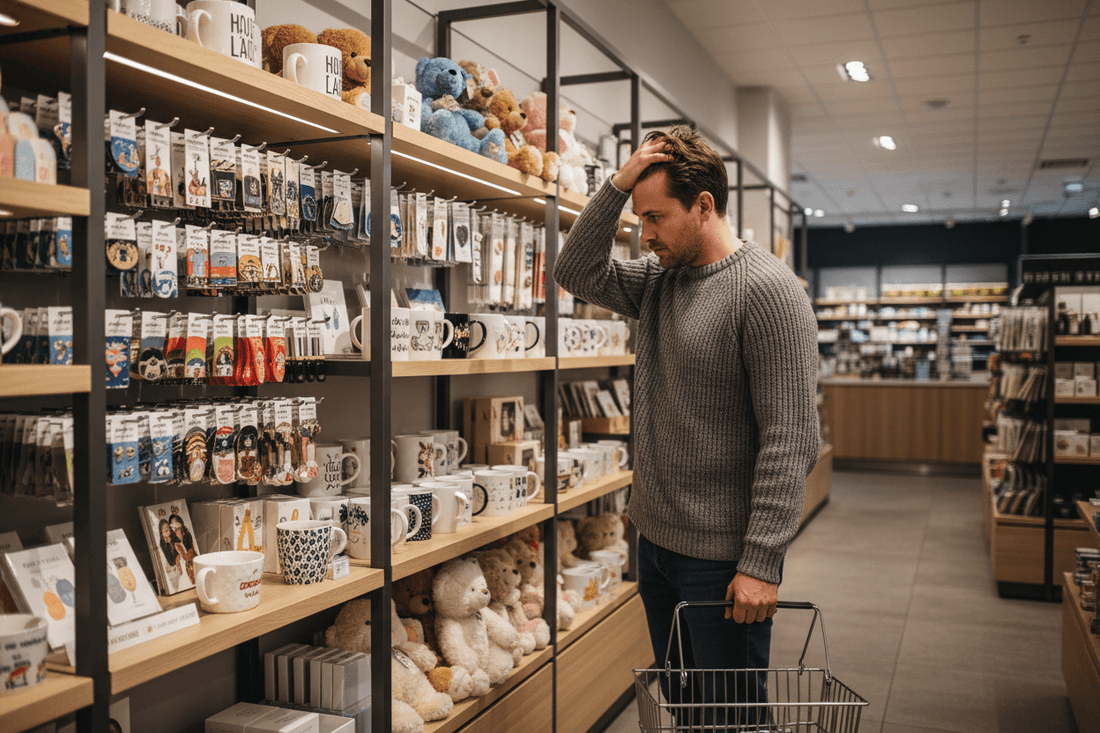 Man looking frustrated while browsing generic gift items in a busy shop, unsure what to choose.