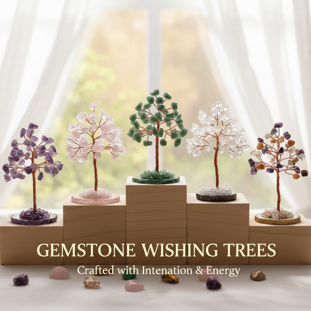 five gemstone wishing trees with blurry open net curtains in background