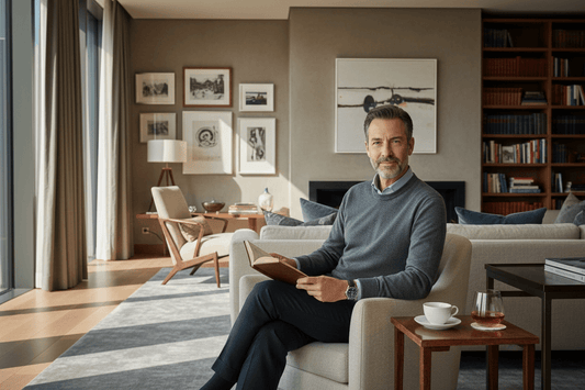 Sophisticated man relaxing in elegant home interior - representing men who have everything