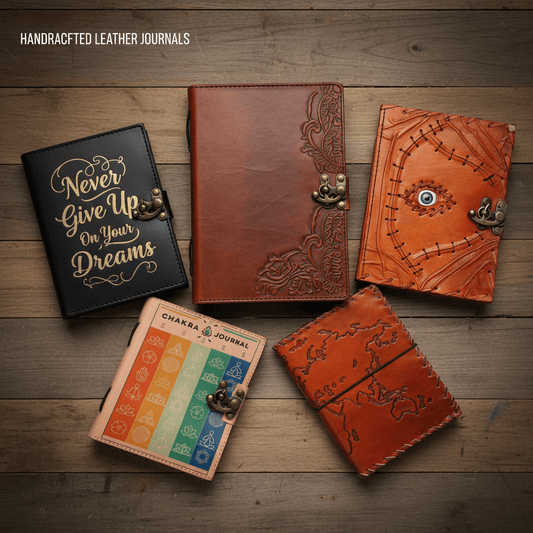 5 leather notebooks on a wooden background