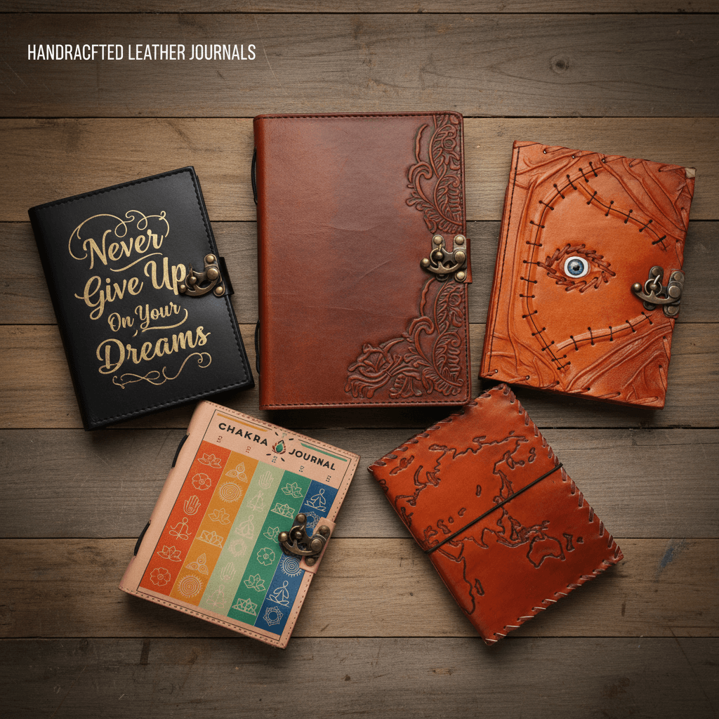 5 leather notebooks on a wooden background