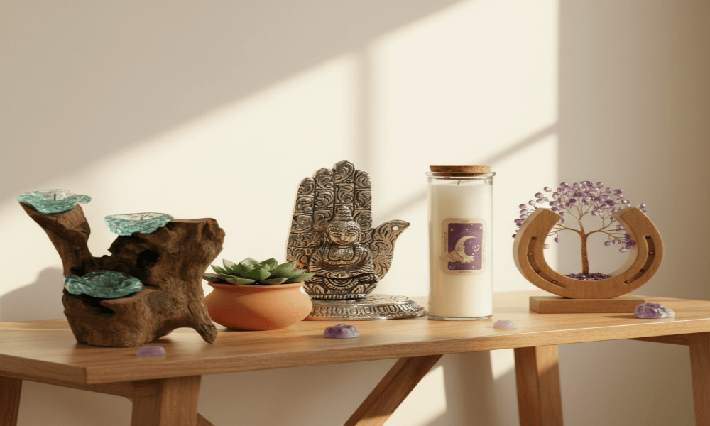 Handcrafted artisan home decor gifts including molten glass on wood, gemstone trees, and water features displayed on wooden surface