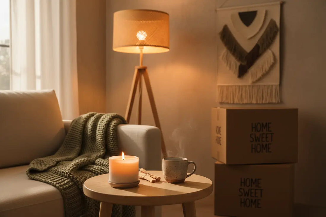 A warm, cosy living room corner with a lit candle, bundle of incense and ceramic mug on a wooden side table, a handcrafted lamp casting golden light, and a soft throw over a neutral sofa, with moving boxes in the background suggesting a new home.