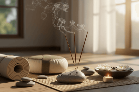 Burning incense sticks in holder with smoke rising, creating a calm meditation atmosphere