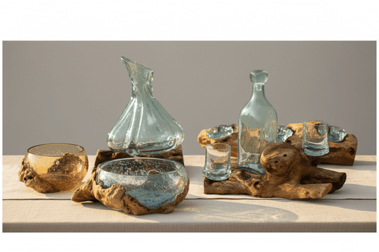 Balinese artisan molten glass on wood homeware including wine decanters, bowls and candle holders with recycled glass fused to natural gamal wood
