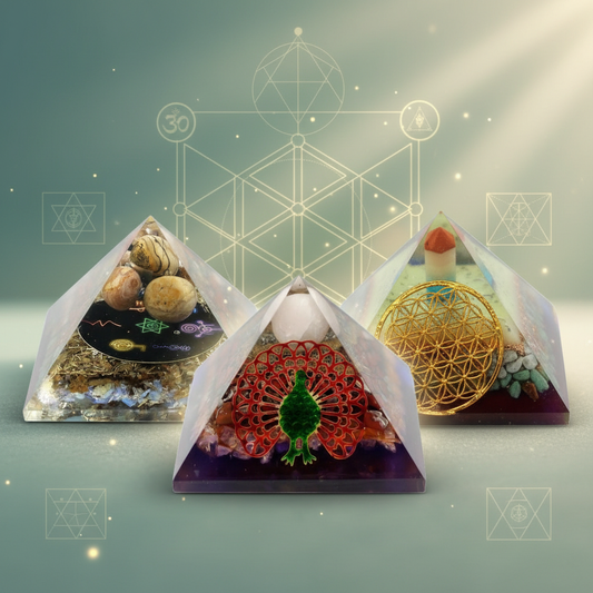 Handcrafted orgonite pyramids with layered resin, crystals, and sacred geometry symbols