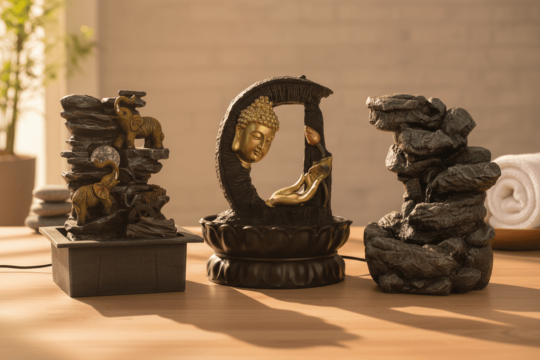 Collection of tabletop water features including Buddha fountain, elephant design with crystal ball, and natural rock formation on wooden surface