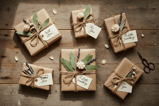 Beautifully wrapped artisan gifts in natural kraft paper with twine and dried flowers on rustic wooden table, representing thoughtful affordable gift-giving under £30