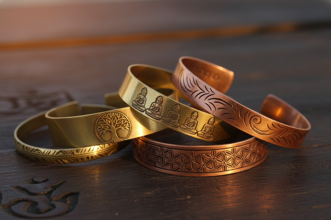 Handcrafted Tibetan Mantra Bracelets in copper and brass from Nepal