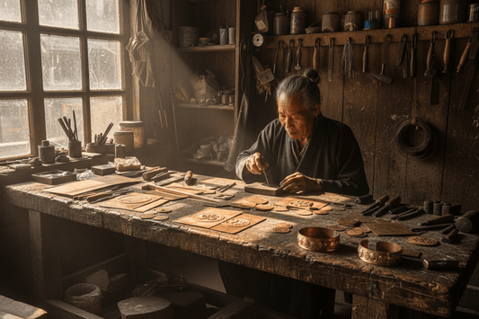 Traditional Nepalese workshop with hand tools for crafting Tibetan metalwork and sacred symbols