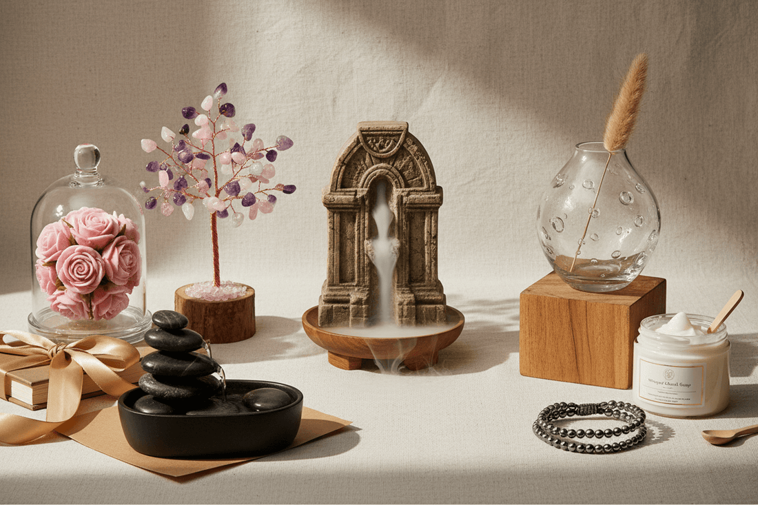 Crystal Tree, Backflow Burner and other gifts on a grey background