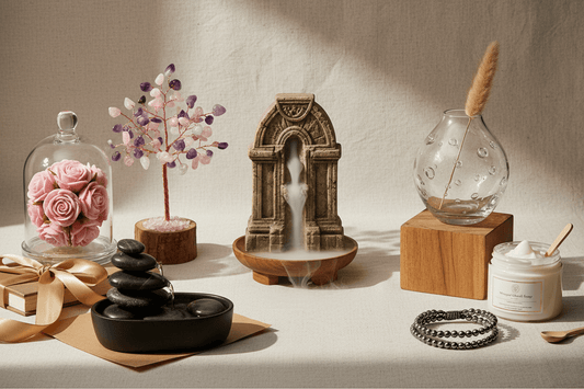 Crystal Tree, Backflow Burner and other gifts on a grey background