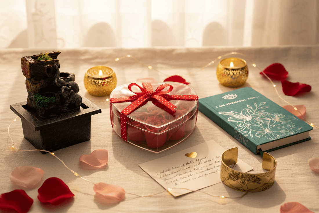 Soap roses, Tabletop water feature, handmade journal and a tibetan bracelet placed on a table