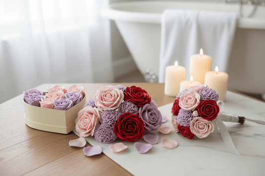Bouquet of soap flowers in bathroom setting