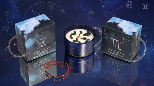 Zodiac Crystal Candle with gift box on a blue background