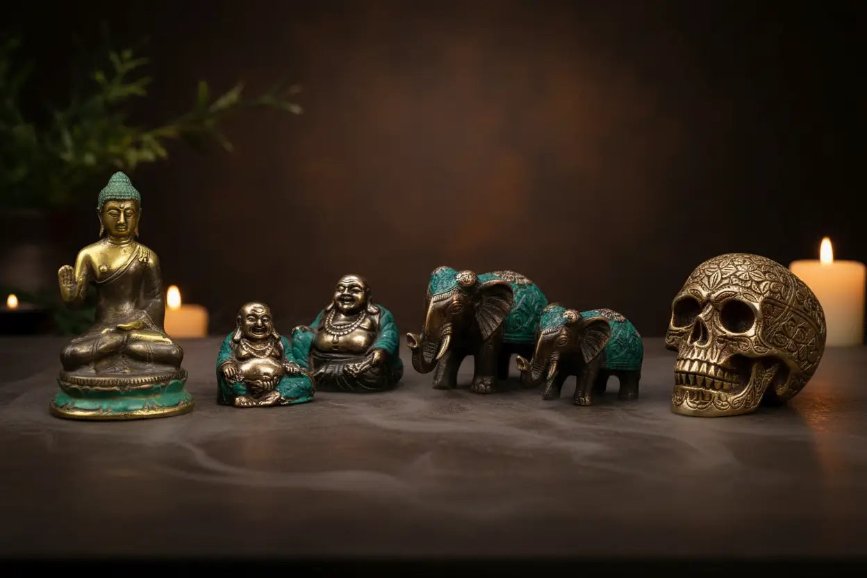 Handcrafted brass ornaments and figurines including a standing Buddha, yoga monkeys, lucky elephants and a vintage brass skull.