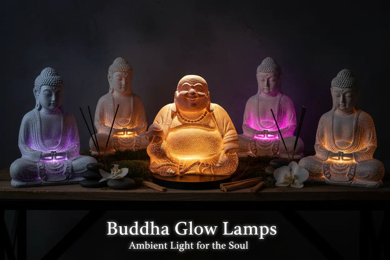Buddha Glow Lamps collection featuring Laughing Buddha, Meditation Buddha and Buddha Bust lamps with crackle-effect finish, glowing with warm ambient LED light