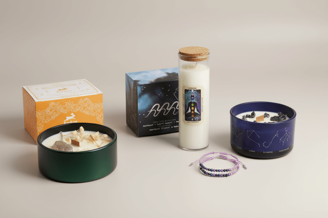 Artisan candles collection featuring Hop Hare Crystal Magic Flower Candle, Zodiac Crystal Candle with gemstone bracelet, and Magic Spell Candle
