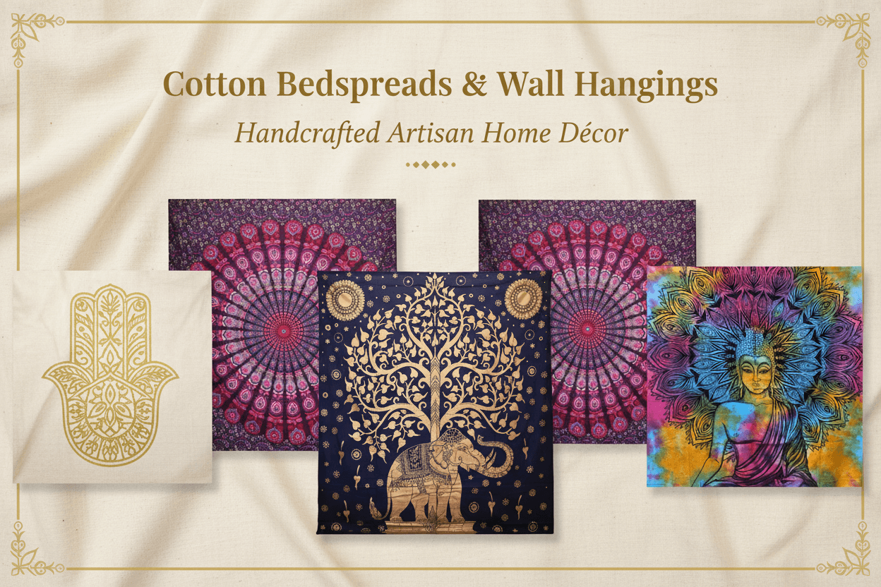 Handmade Indian cotton bedspreads featuring Hamsa, Peacock Mandala, Elephant and Buddha designs in vibrant colours