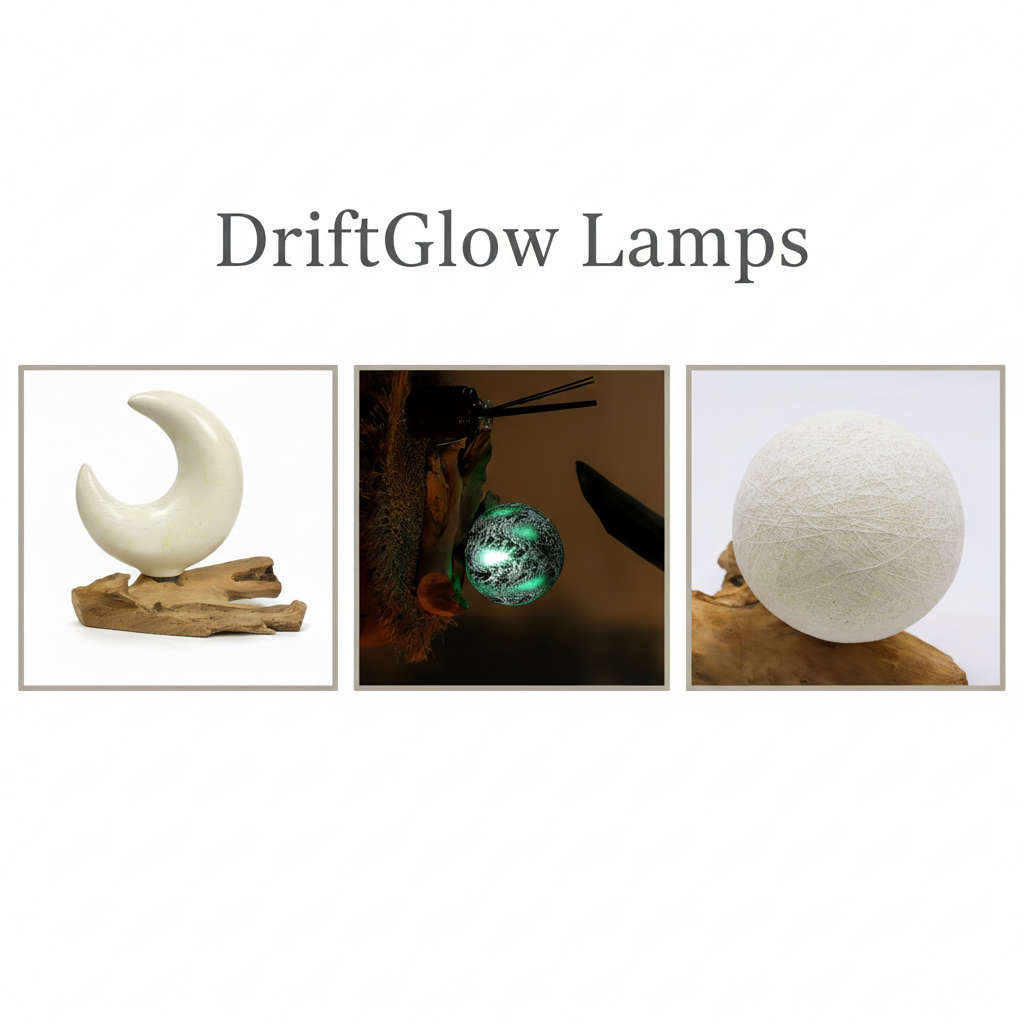 DriftGlow Lamps with natural driftwood bases and fibreglass shades, handcrafted atmospheric lighting