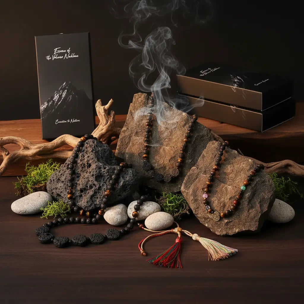 Volcano necklaces displayed over rocks