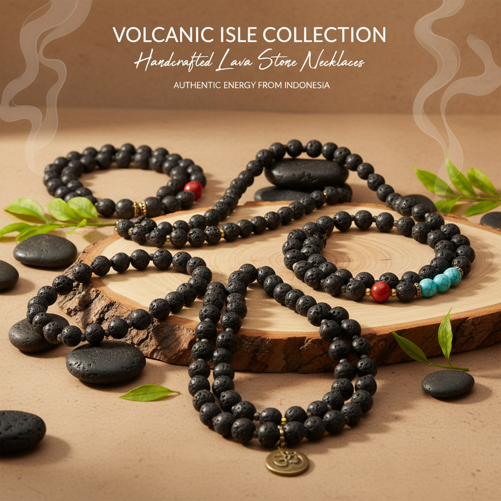 Handcrafted lava stone necklaces from Indonesia with natural volcanic beads