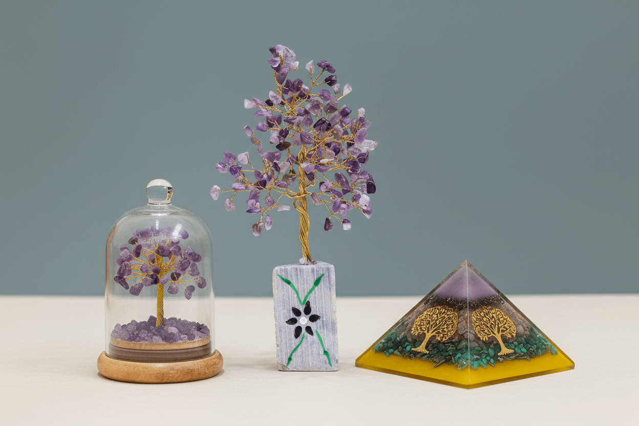 Gemstone and crystal collection featuring Indian amethyst gemstone tree, amethyst dome garden, and orgonite pyramid