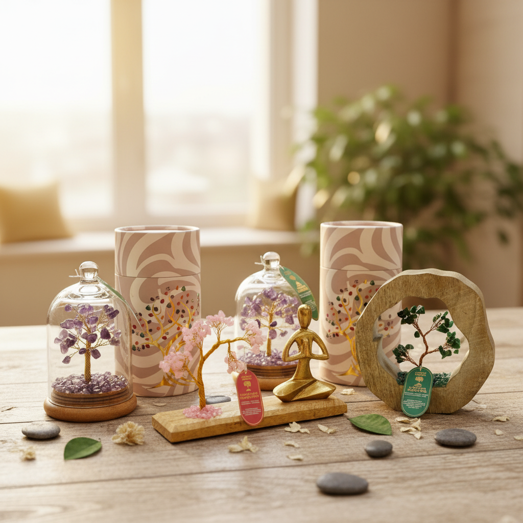 Gemstone gardens and crystal trees with amethyst rose quartz and green aventurine on wooden bases