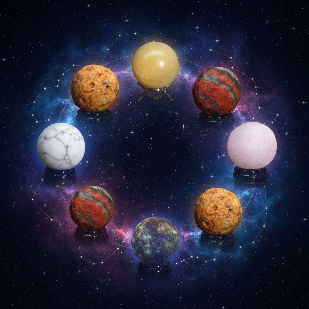 Gemstone planets on goldstone stands - Moon, Mercury, Venus, Mars, Jupiter, Saturn crystal spheres