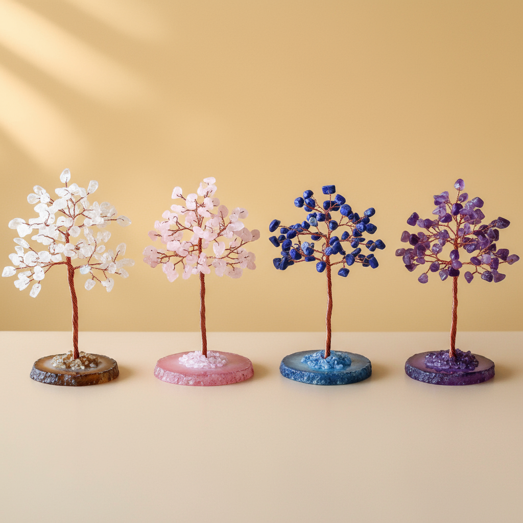 Gemstone Wishing Trees on a plain orange background