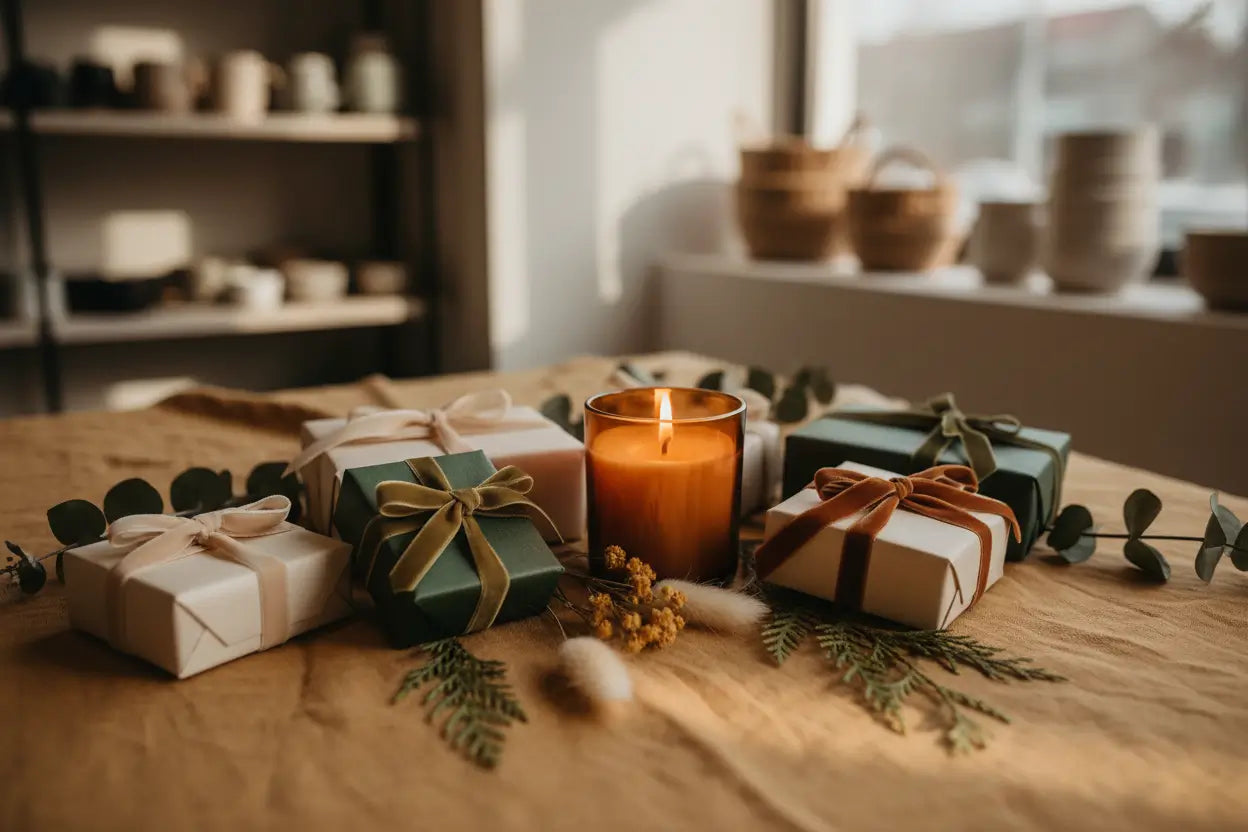 Cosy flatlay of small wrapped gifts with ribbon, a flickering candle and dried flowers on a warm linen surface, representing thoughtful artisan gifts under £20 from Gift Sanctuary