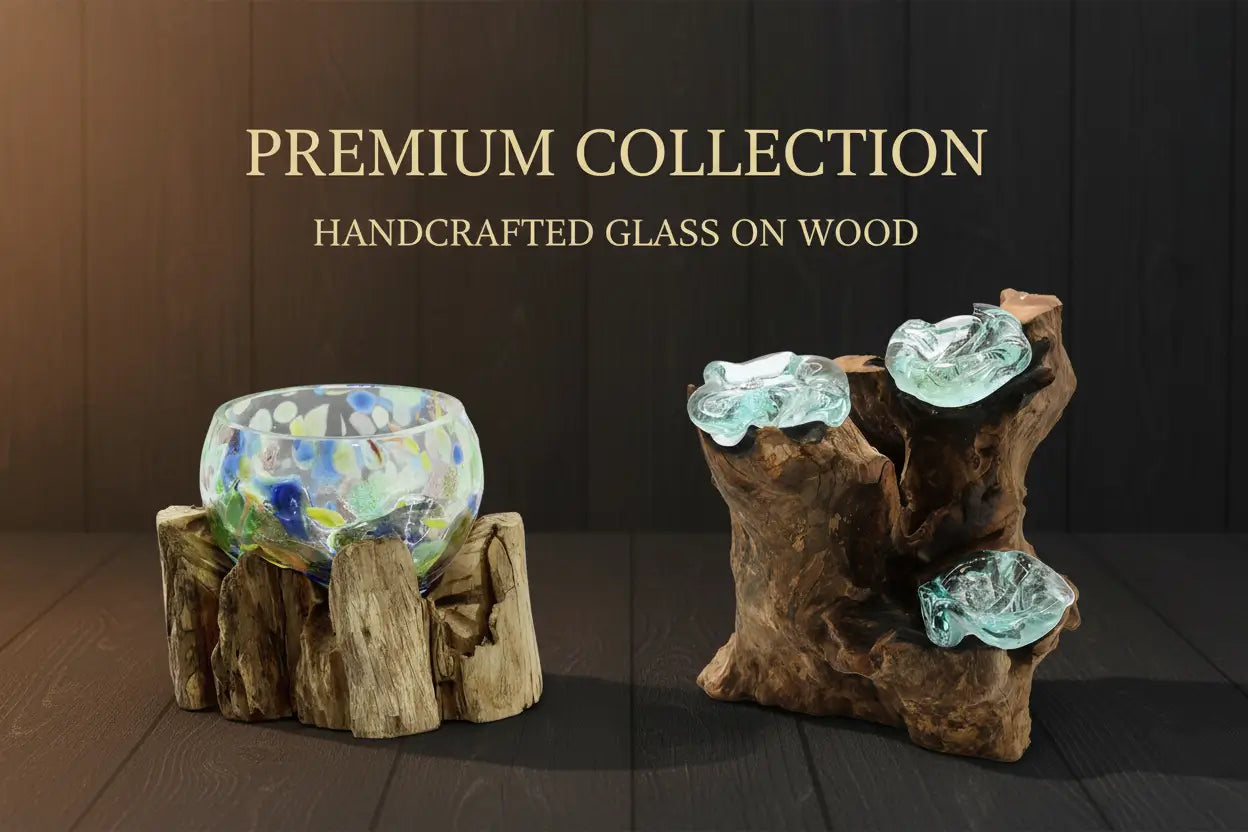 Two handcrafted molten glass on wood pieces, one bowl and one 3 tealight candle holder