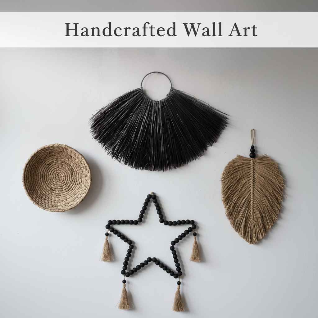 Handcrafted wall art collection featuring seagrass bowl wall art, natural fan decor, bead star mobile, and raffia leaf hanging decorations in bohemian style
