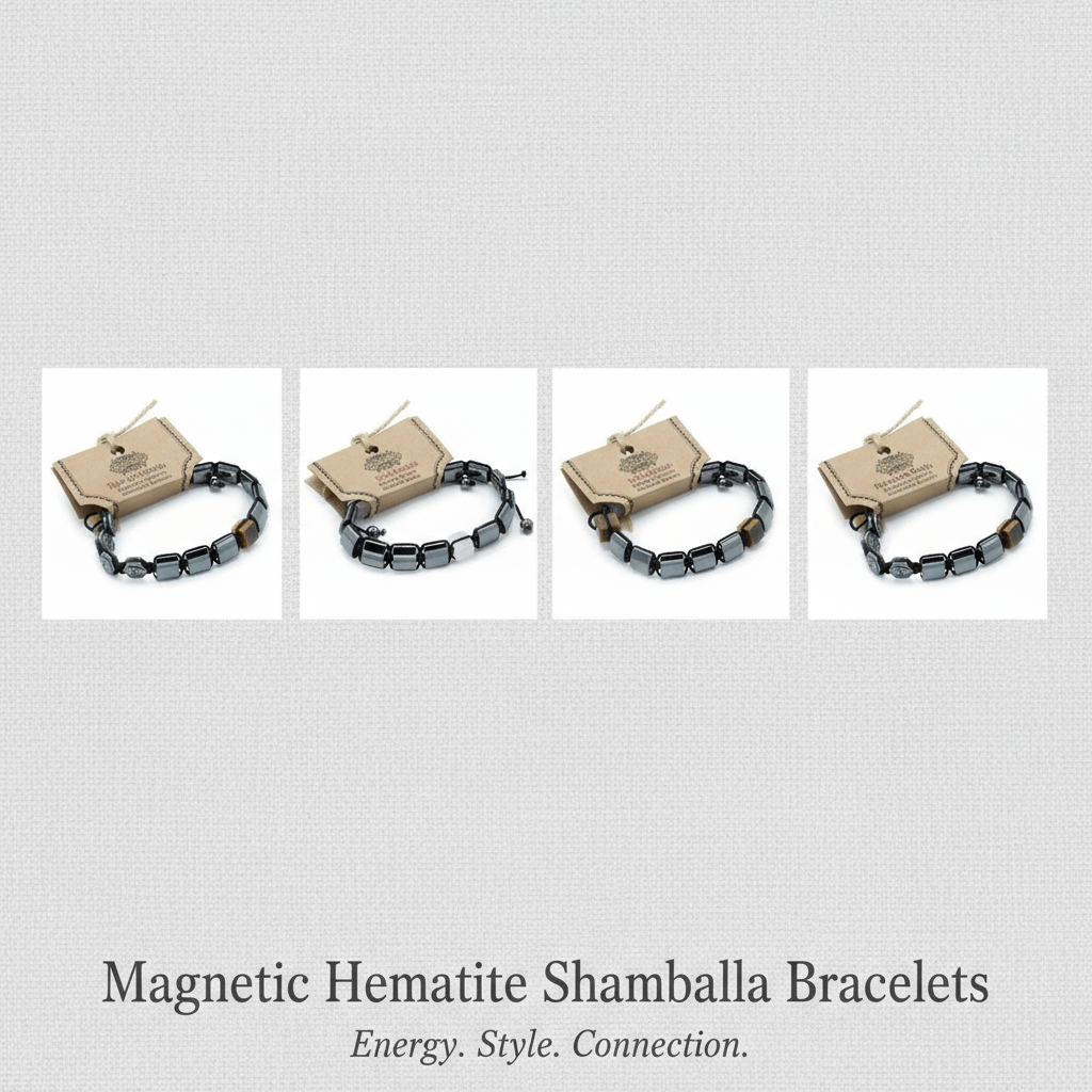 Hematite Shamballa Bracelets collection featuring Turquoise, Rose, Tiger Eye and Hexagon Skulls designs with magnetic hematite beads