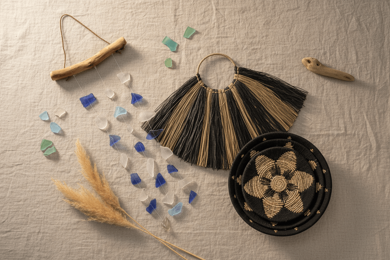 Handcrafted home decor collection featuring recycled glass wind chimes and artisan seagrass wall art