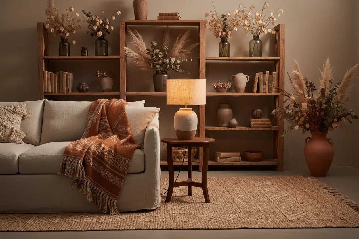A cosy, warmly lit living room styled with artisan home decor, a glowing table lamp, wooden shelves, dried botanicals and soft furnishings, representing the Home Decor Gifts collection at Gift Sanctuary.