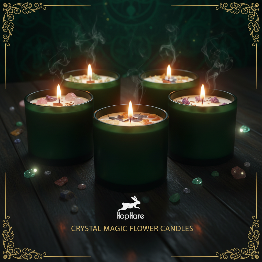 Hop Hare crystal magic flower candles with wooden wicks in dark green glass jars