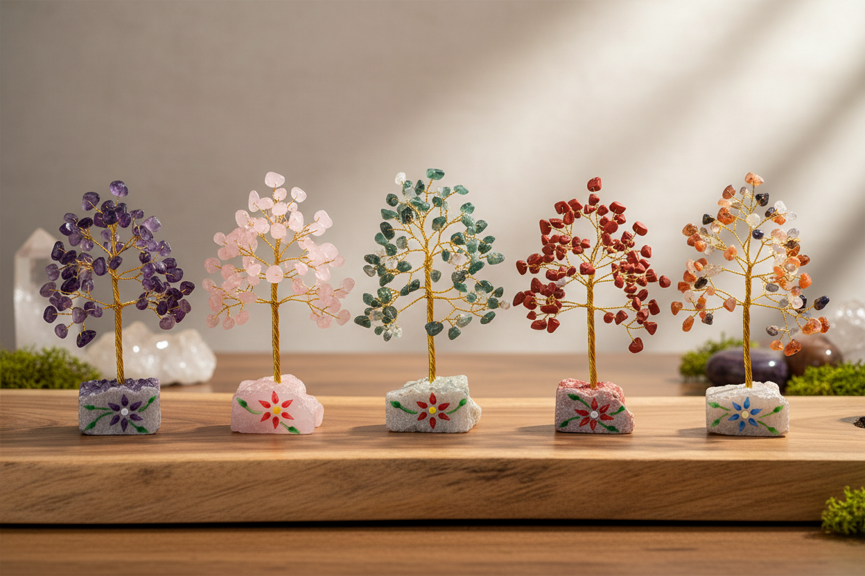 Collection of Indian gemstone trees including amethyst, rose quartz, moss agate, red jasper and multi-gem on hand-carved stone bases