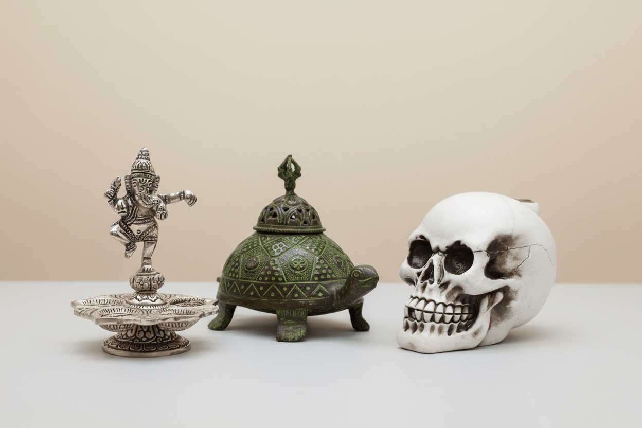 Incense accessories collection featuring brass Tibetan turtle incense holder, Dancing Ganesha incense holder, and skull backflow incense burner