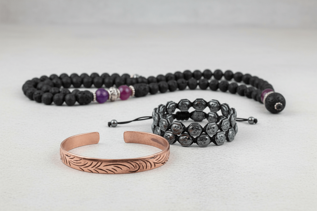 Handcrafted jewellery collection featuring Tibetan copper bracelet, magnetic hematite shamballa bracelet, and Essence of the Volcano necklace