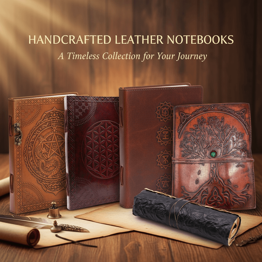 Four Handcrafted Leather Notebooks with a wood effect backbround