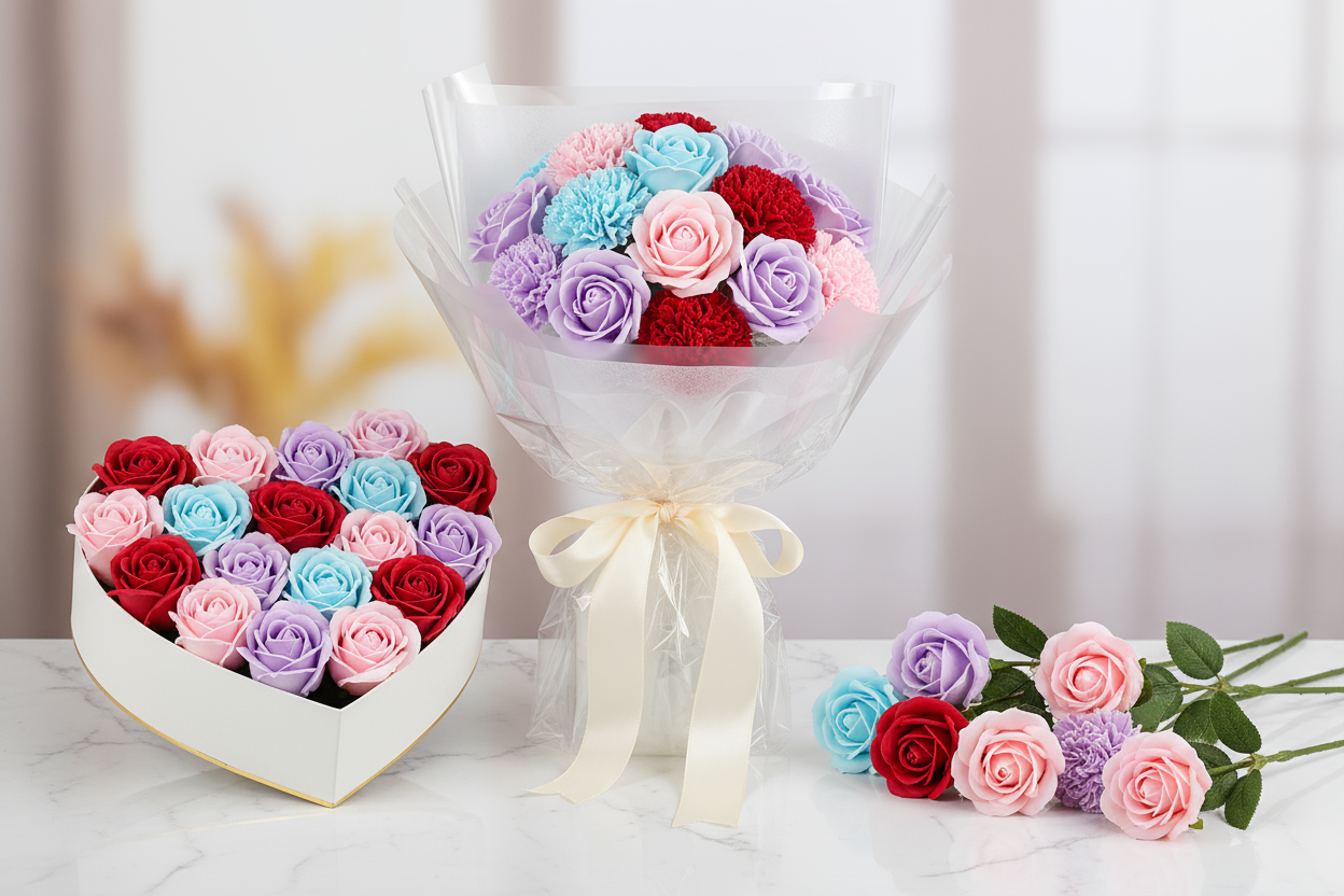 Luxury soap flower bouquets and gift boxes with colorful handcrafted roses and carnations
