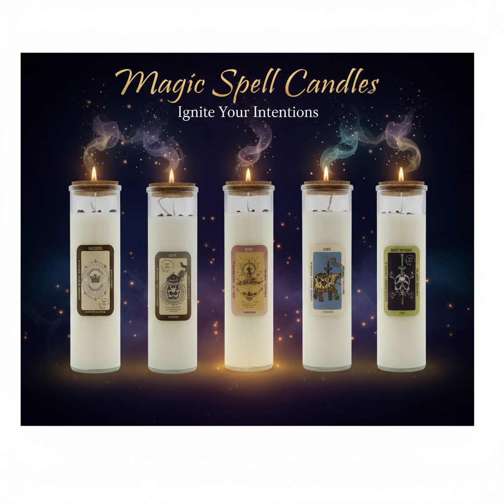 Five magic spell candles with a blue background