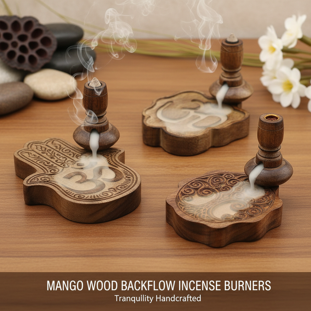 Mango wood backflow incense burners with Hamsa, Ohm, Tree of Life and Buddha designs