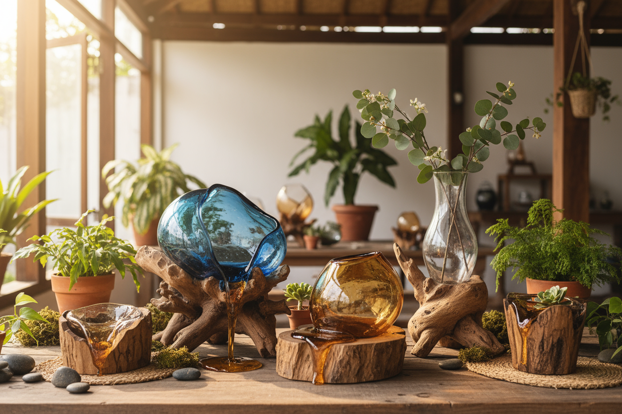 Handmade molten glass on wood homeware - eco-friendly bowls, vases, and candle holders from Bali