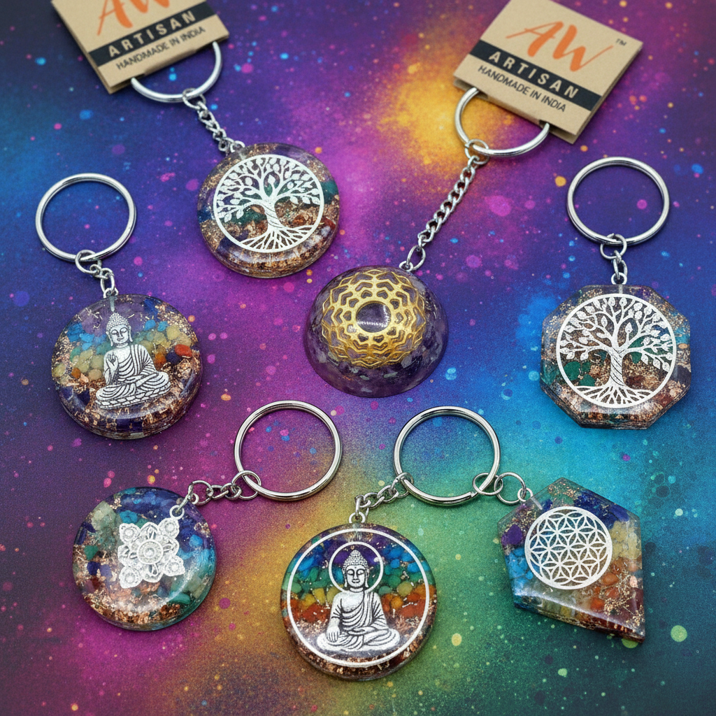 Handcrafted orgonite keyrings with gemstones and spiritual symbols from India