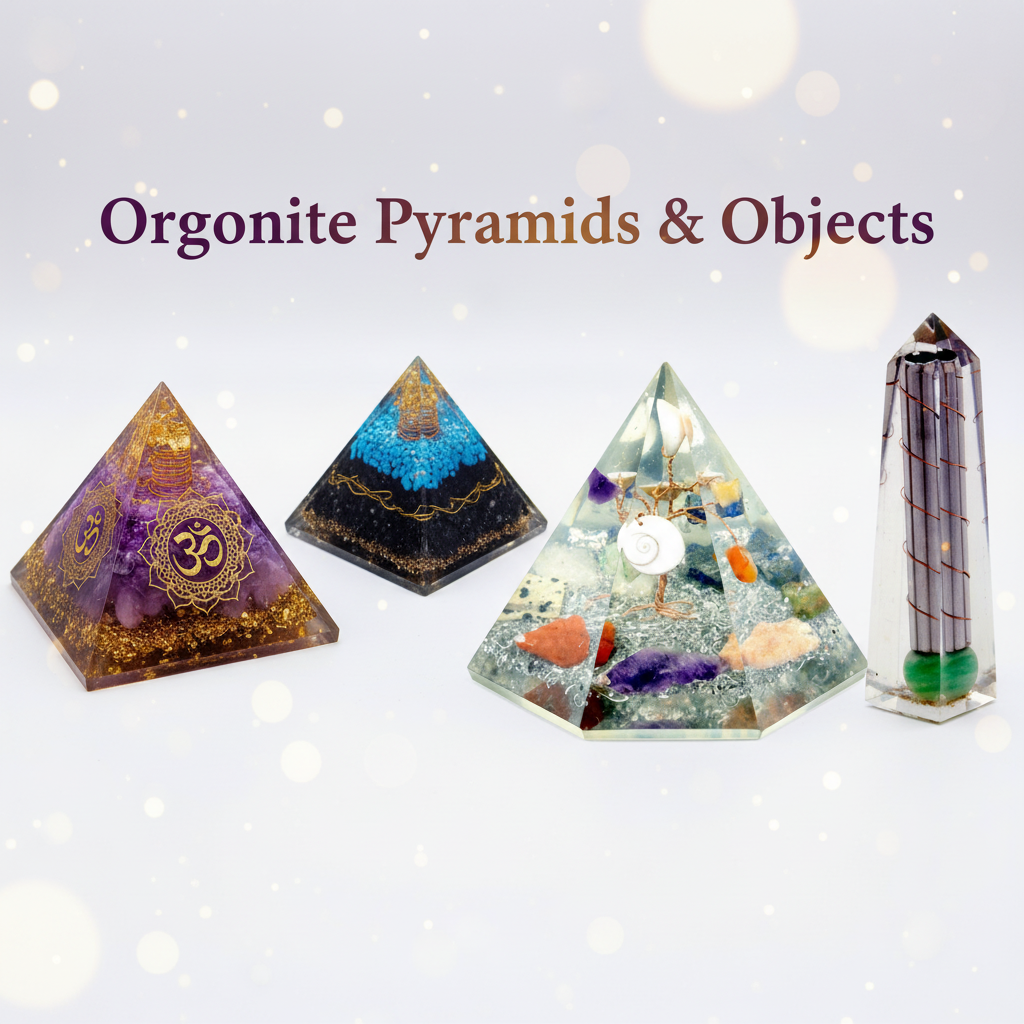 Orgonite pyramids and objects collection featuring Om chakra pyramid, turquoise and black tourmaline pyramid, gemstone wisdom tree pyramid, and green aventurine obelisk with embedded crystals and copper