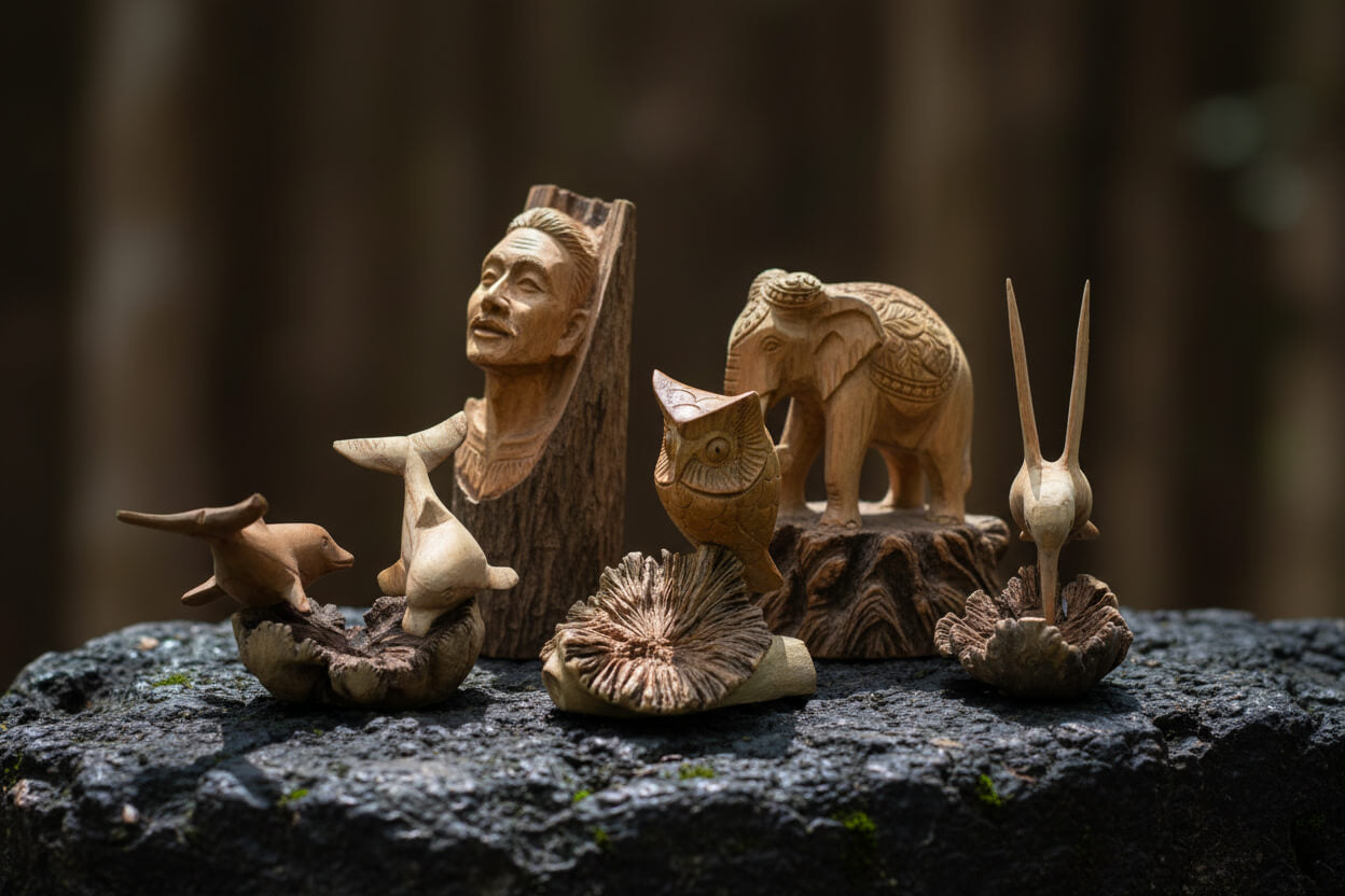 Handmade parasite wood art carvings including Greenman, elephant, owl, dolphins and hummingbird, arranged on dark stone in a moody forest setting