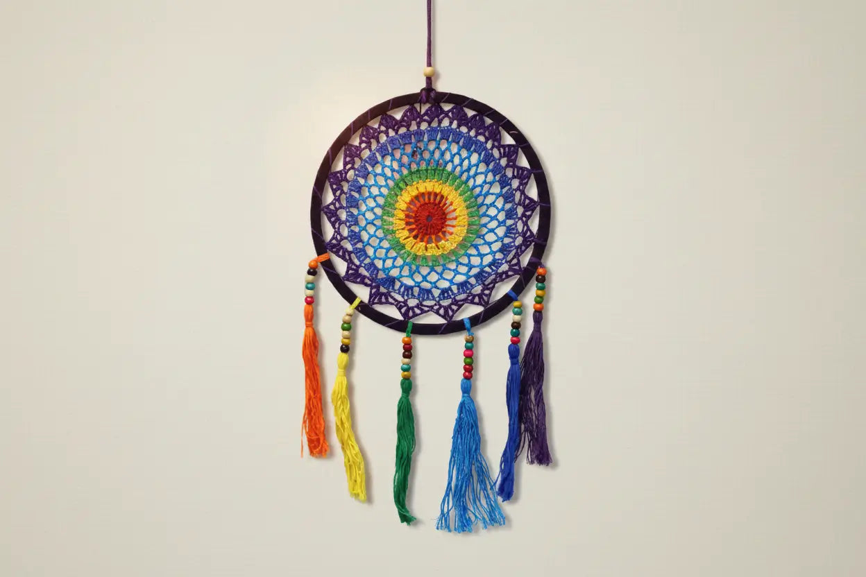 Artisan made Rainbow Dreamcatcher with a cream background